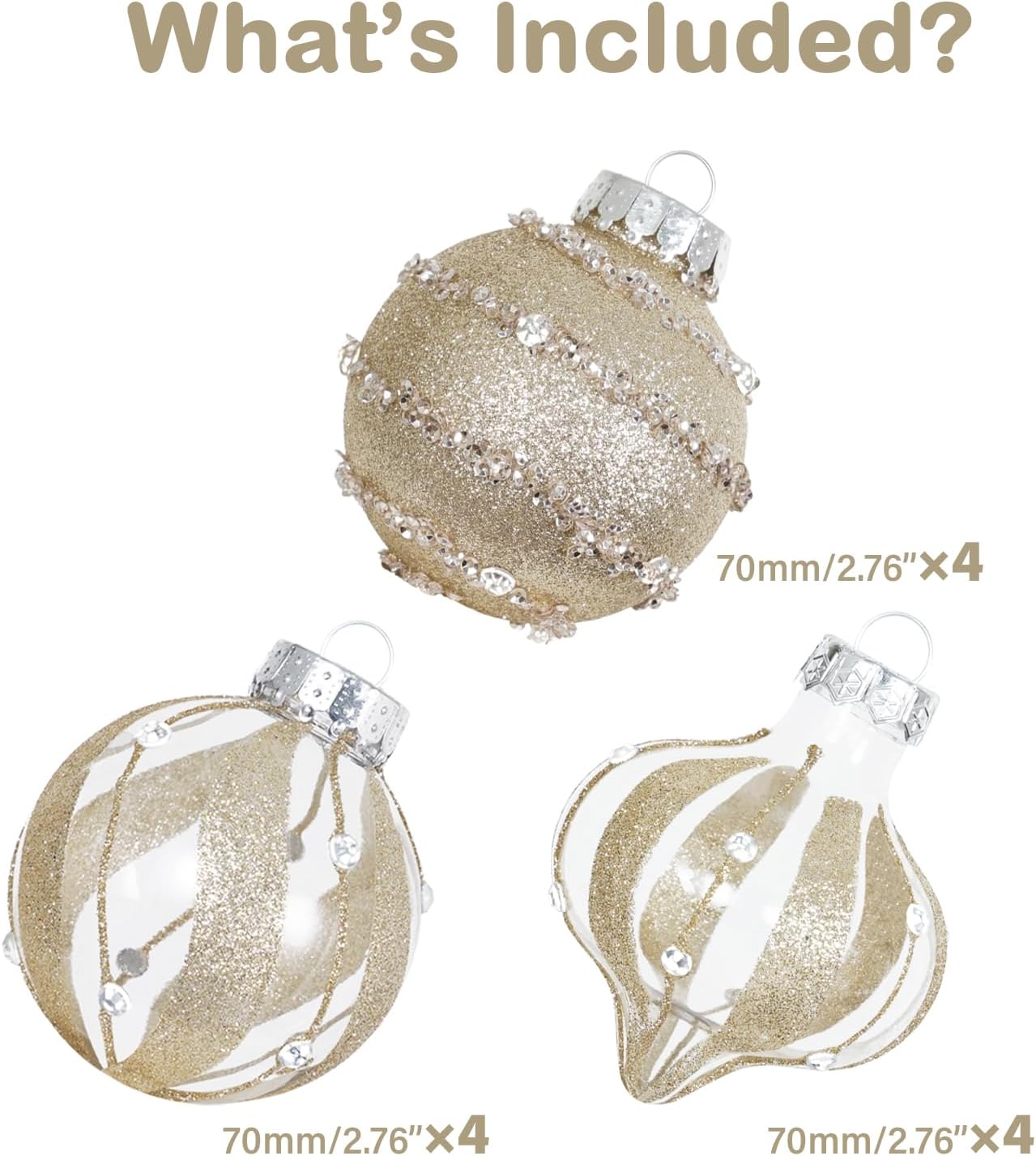 Christmas Ball Ornaments Set, Shatterproof Christmastree Decorations,12Ct Large Plastic Hanging Ornaments, 70Mm/2.76",Champagne Gold