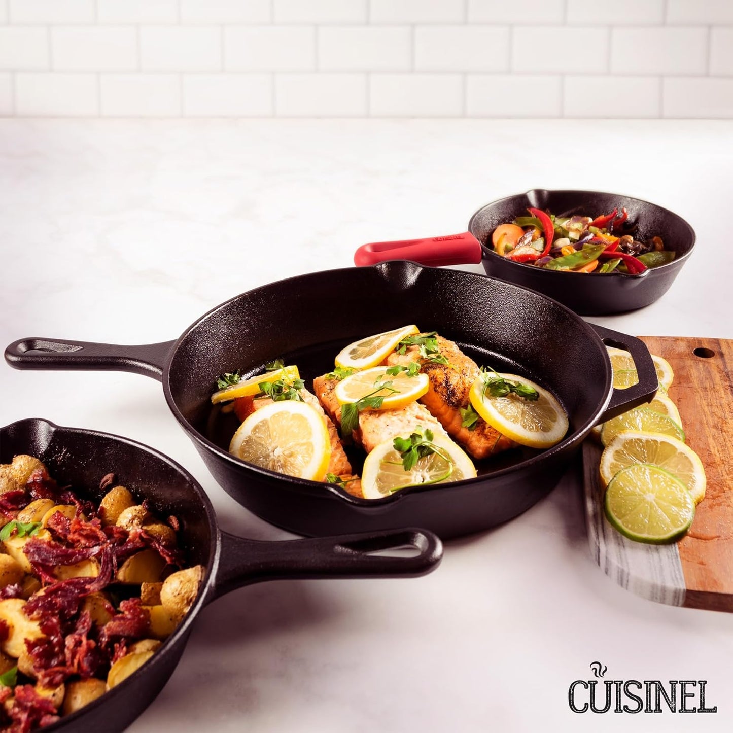Cast Iron Skillets Set - 12" + 10" + 8"-Inch Pre-Seasoned Frying Pans + Silicone Handle Grip Covers - Use Indoor/Outdoor, Oven, Grill, Stove, BBQ, Camp Fire, Induction Kitchen Cookware