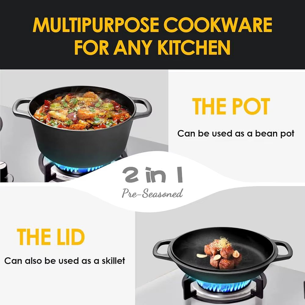 2-In-1 Pre-Seasoned Cast Iron Dutch Oven with Skillet Lid Cookware Set Cast Iron Cooking Pot with Handles