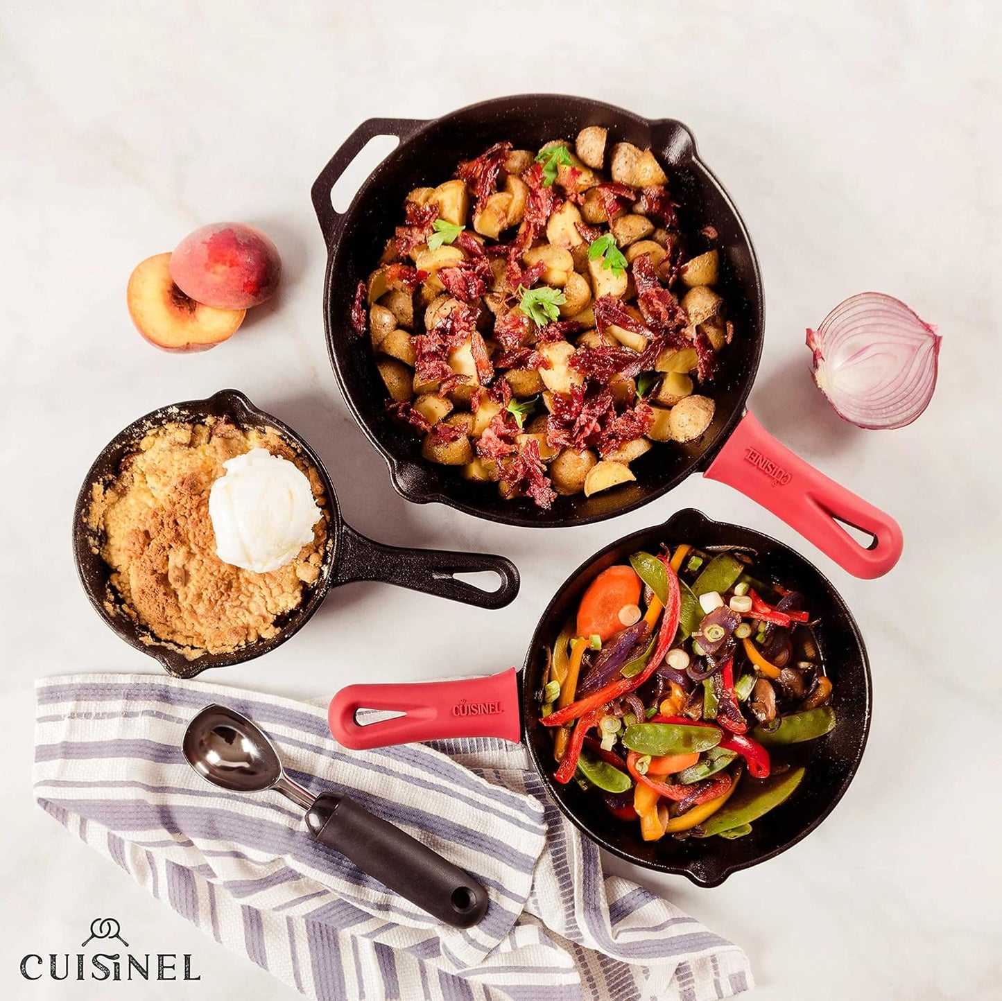 Cast Iron Skillets Set - 12" + 10" + 8"-Inch Pre-Seasoned Frying Pans + Silicone Handle Grip Covers - Use Indoor/Outdoor, Oven, Grill, Stove, BBQ, Camp Fire, Induction Kitchen Cookware