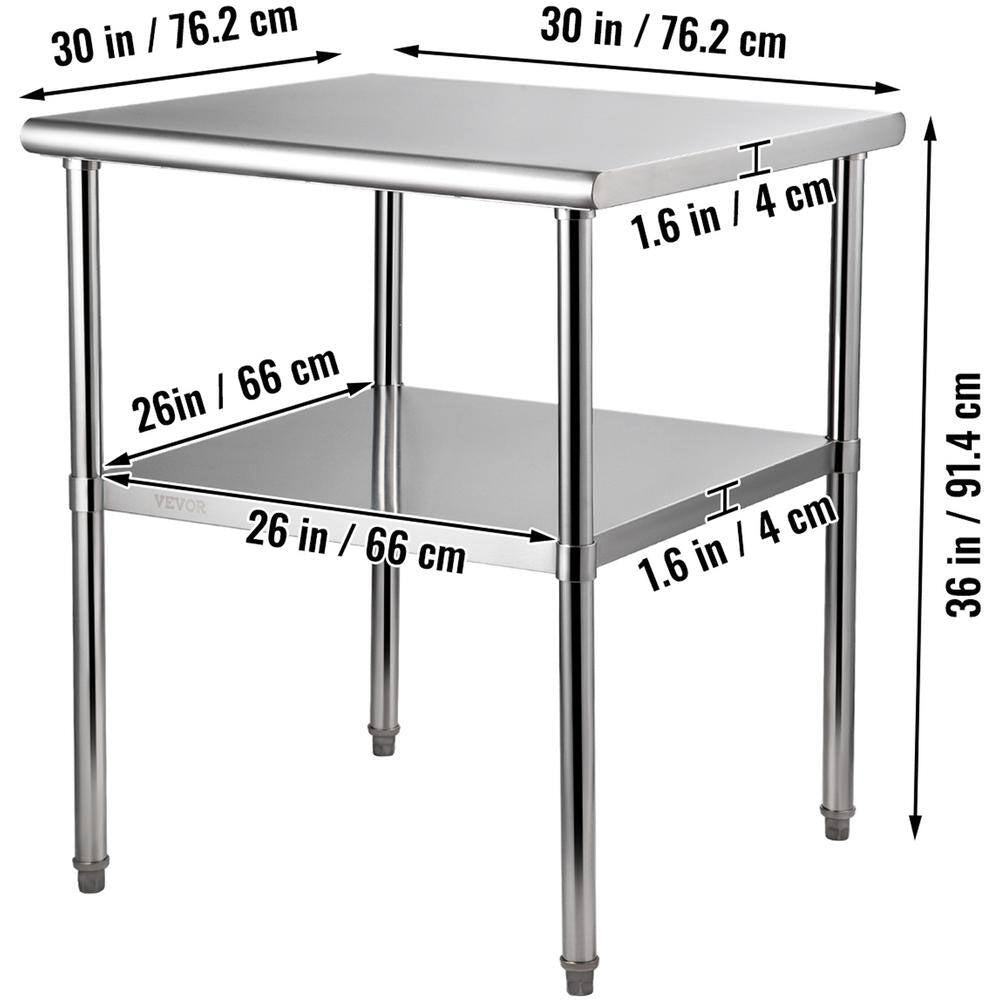 Stainless Steel Prep Table 30 X 30 X 36 In. Heavy Duty Metal Worktable 800 Lbs. Load Capacity Kitchen Prep Table,Silver