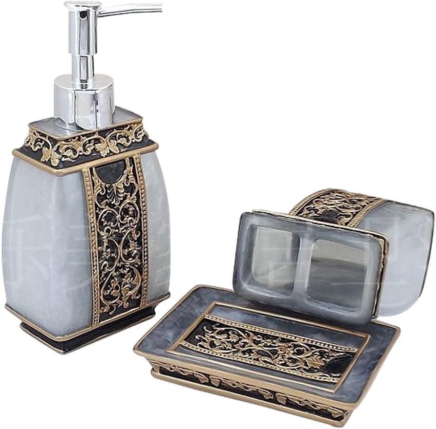Creative Bath Ensemble, 5 Piece Bathroom Accessories Set, Collection Bath Set Features Soap Dispenser, Toothbrush Holder, Tumbler, & Soap Dish- Silver