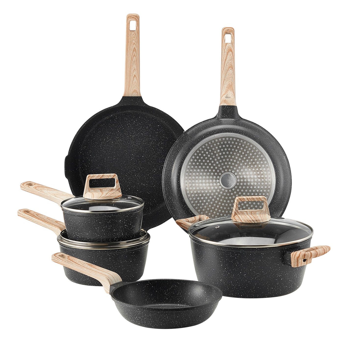 17 Pieces Kitchen Pots & Pans Set Granite Nonstick Cookware Set with Lids