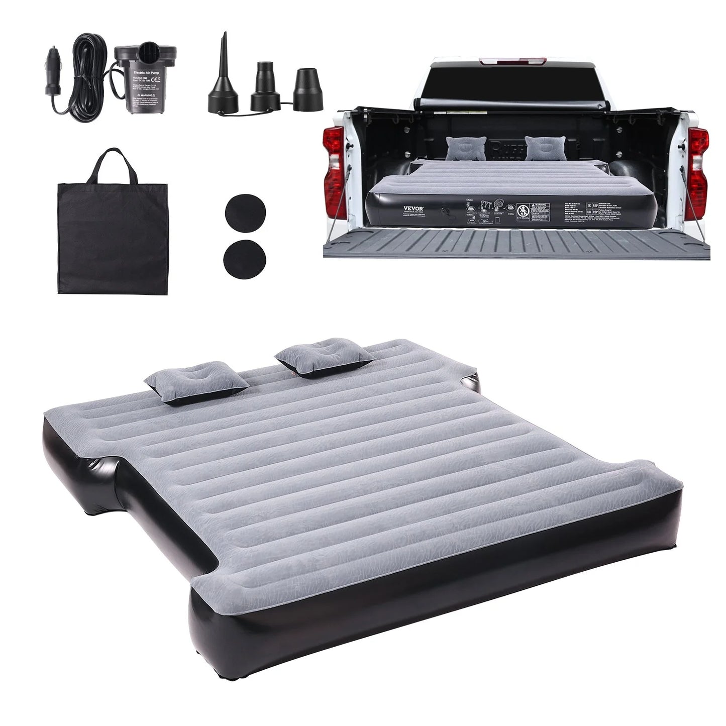 VEVOR Truck Bed Air Mattress, for 5.5-5.8 Ft Full Size Short Truck Beds, Inflatable Air Mattress Camping Bed with 12V Air Pump 2 Pillows, Carry Bag, for Silverado, RAM, F Series, Sierra, Titan, Tundra