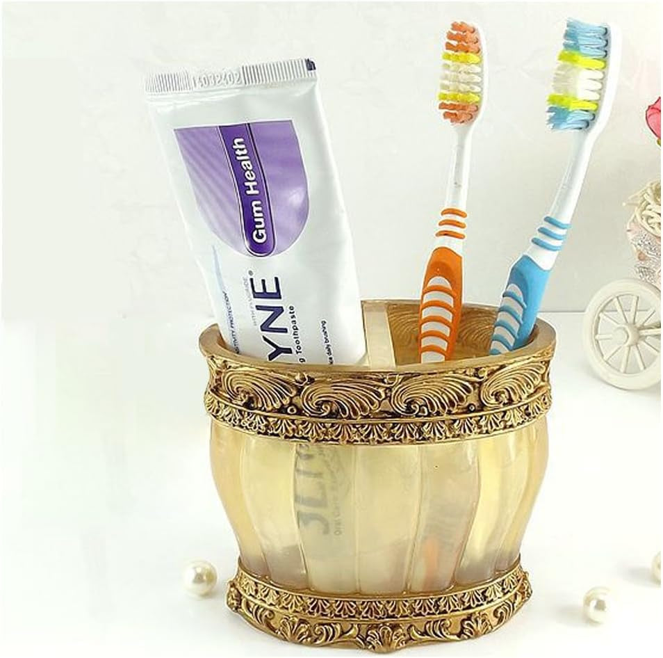 Vintage Golden Bathroom Accessories, 5Piece Bathroom Accessories Set, Bathroom Set Features, Soap Dispenser, Toothbrush Holder, Tumbler & Soap Dish - Golden Glossy - Bath Gift Set