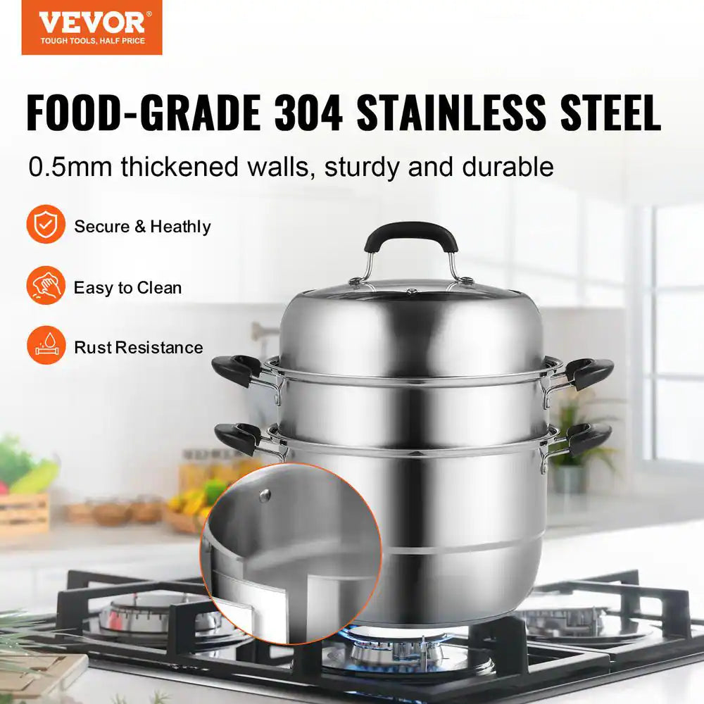 Steamer Pot 11 In. 3 Tier Steamer Pot with 8.5 Qt. Stock Pot Stainless Steel Vegetable Steamer and 2 Steaming Tray