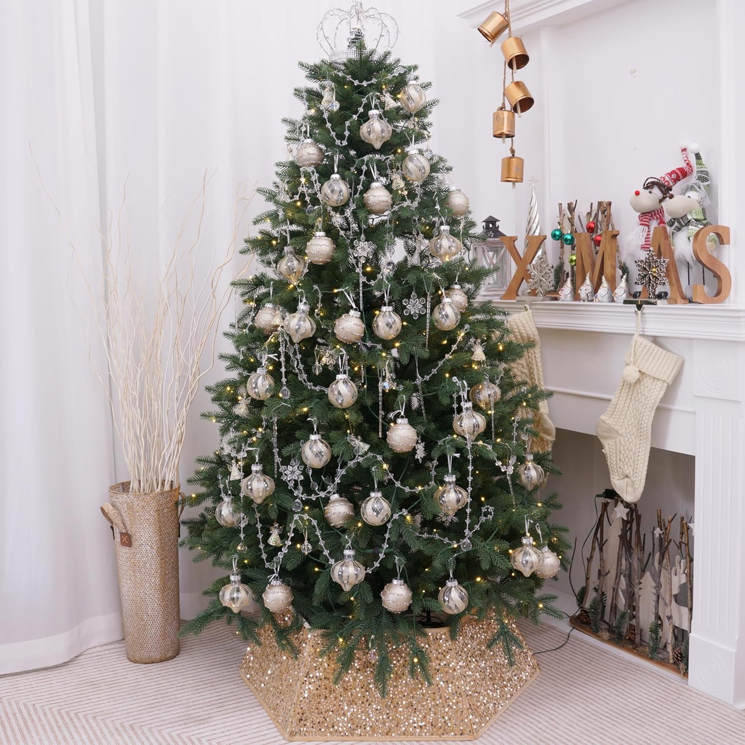 Christmas Ball Ornaments Set, Shatterproof Christmastree Decorations,12Ct Large Plastic Hanging Ornaments, 70Mm/2.76",Champagne Gold