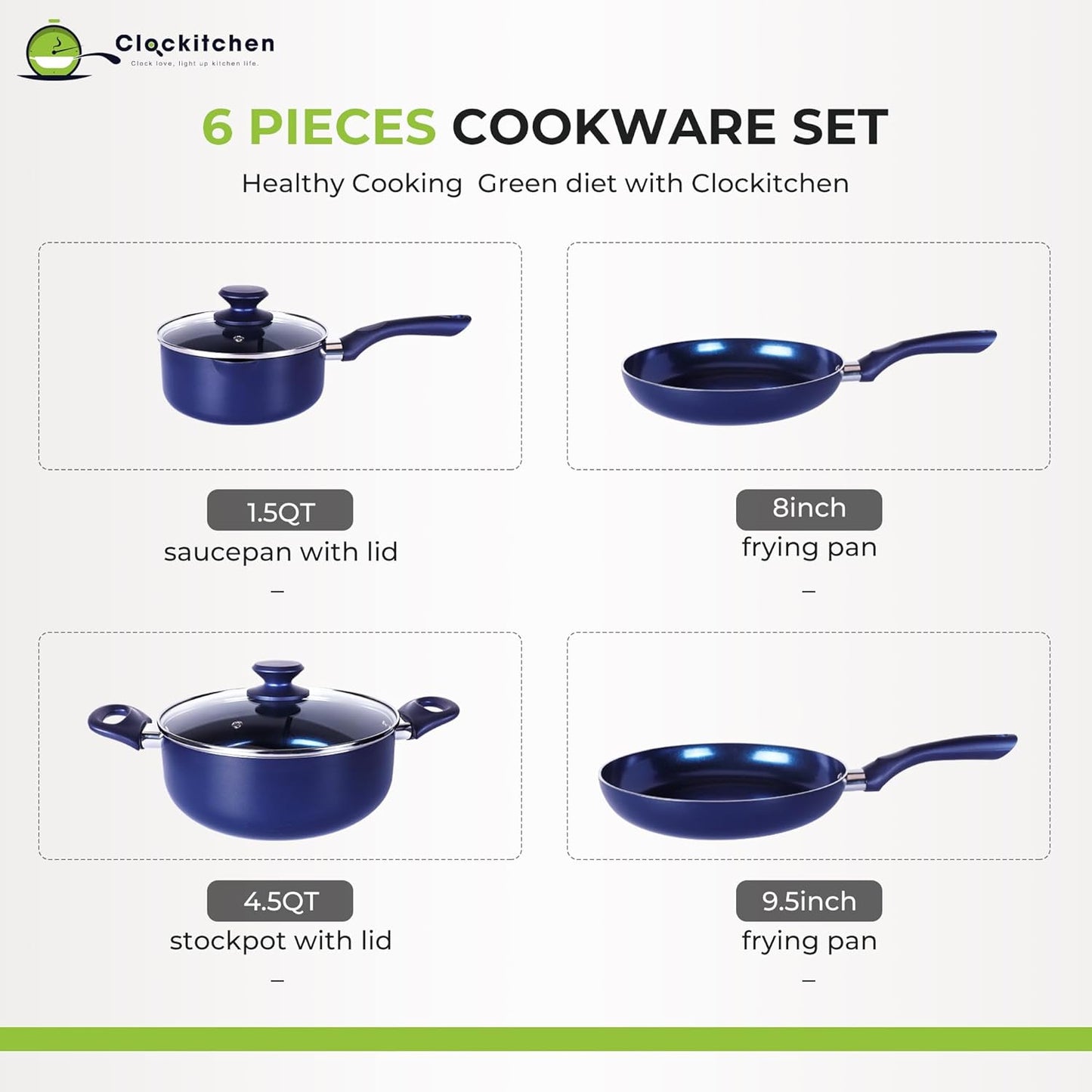 6 Pieces Pots and Pans Set,Aluminum Cookware Set, Nonstick Ceramic Coating, Fry Pan, Stockpot with Lid, Blue