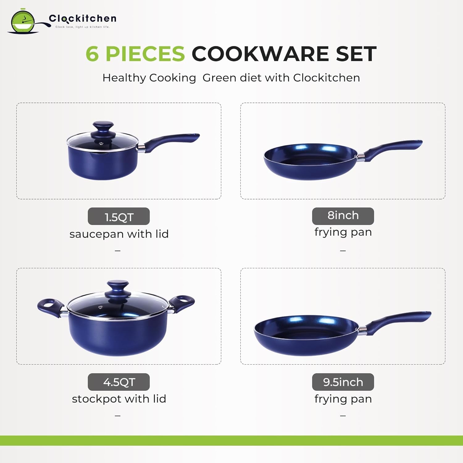 6 Pieces Pots and Pans Set,Aluminum Cookware Set, Nonstick Ceramic Coating, Fry Pan, Stockpot with Lid, Blue