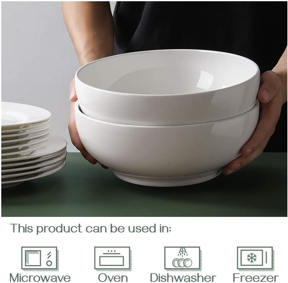 Serving Bowls, 9.5" Large Salad Bowls for Entertaining, Side Dishes, Pho, Pasta, Centerpiece Bowls for Dinner Parties, Kitchen Decor, Microwave & Dishwasher Safe, White