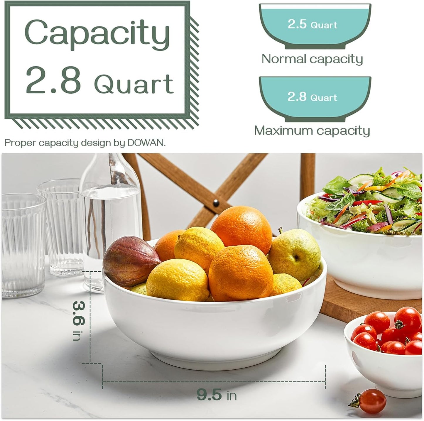 Serving Bowls, 9.5" Large Salad Bowls for Entertaining, Side Dishes, Pho, Pasta, Centerpiece Bowls for Dinner Parties, Kitchen Decor, Microwave & Dishwasher Safe, White