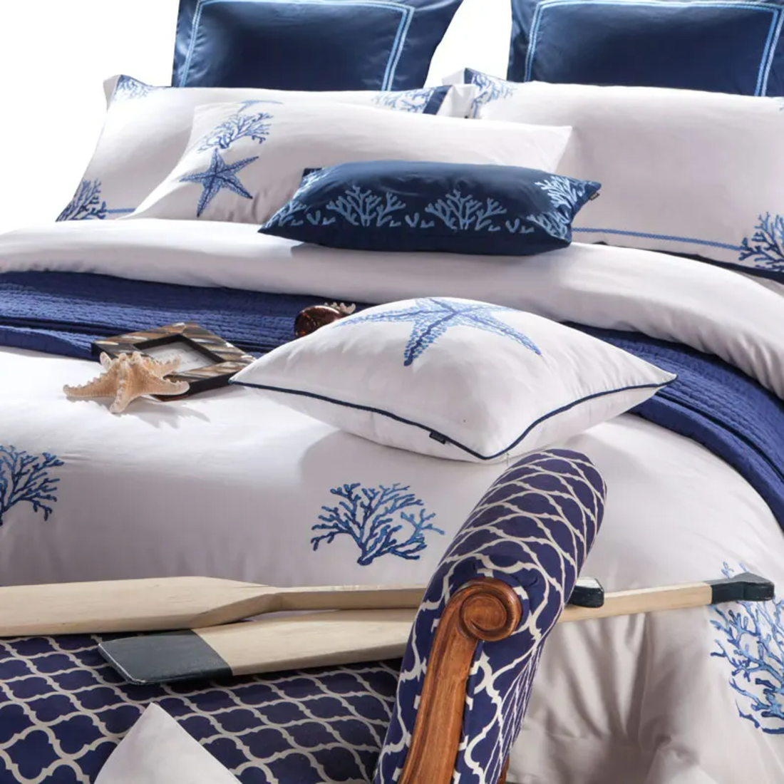 Blue Egyptian Cotton Embroidered Tribute Silk Bedding Set | 3CARATS
