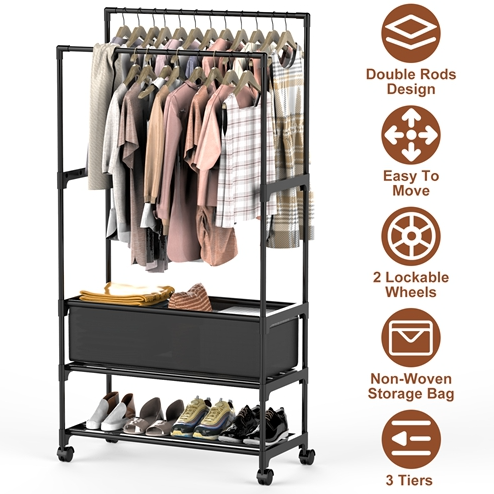 Double Rods Garment Rack with Storage Bag Portable Clothing Rack with Shelves Lockable Wheels Small Portable Closet Storage Bag Height Adjustable