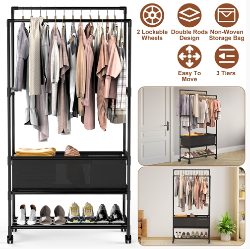 Double Rods Garment Rack with Storage Bag Portable Clothing Rack with Shelves Lockable Wheels Small Portable Closet Storage Bag Height Adjustable
