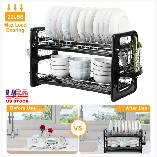 2 Tier Iron Dish Drying Rack Drainboard Set with Large Storage Anti-Rust Dish Drainer Shelf Tableware Holder Cup Holder For Kitchen Counter Storage
