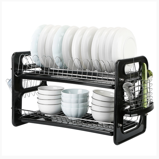 2 Tier Iron Dish Drying Rack Drainboard Set with Large Storage Anti-Rust Dish Drainer Shelf Tableware Holder Cup Holder For Kitchen Counter Storage