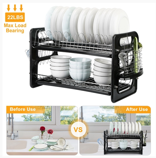 2 Tier Iron Dish Drying Rack Drainboard Set with Large Storage Anti-Rust Dish Drainer Shelf Tableware Holder Cup Holder For Kitchen Counter Storage