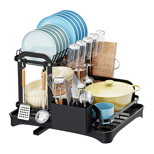 2-Tier Dish Drying Rack for Kitchen Counter Space Saving Rustproof Dish Rack with Drainboard Detachable Kitchen Drainer Organizer Set with Utensil Hol