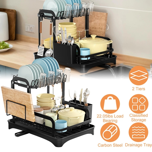 2-Tier Dish Drying Rack for Kitchen Counter Space Saving Rustproof Dish Rack with Drainboard Detachable Kitchen Drainer Organizer Set with Utensil Hol