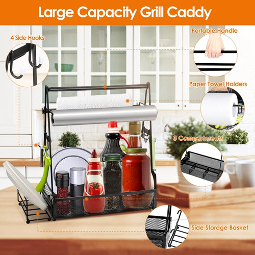 Utensil Caddy Metal Grill Caddy with Paper Towel Holders Utensil Holder for Outdoor Picnic Barbecue Camping Grilling Tools Storage Organizer Barbecue