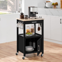 Small Kitchen Island on Wheels with Wood Top and Drawer, Trolley Cart with Open Shelf and Storage Cabinet for Dining Room, 22X18X35 Inches, Black