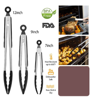 3Pcs Kitchen Tongs Stainless Steel Locking Food Tongs with Silicon Tips BPA Free Non-Stick BBQ Cooking Grilling Locking Food Tongs High Heat Resistant