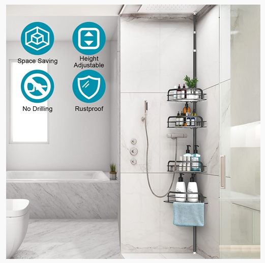 Rust-Resistant Corner Shower Caddy For Bathroom 4 Height Adjustable Shelves With Tension Pole Towel Bar Hanging Hook Floor Standing Bath Storage Rack