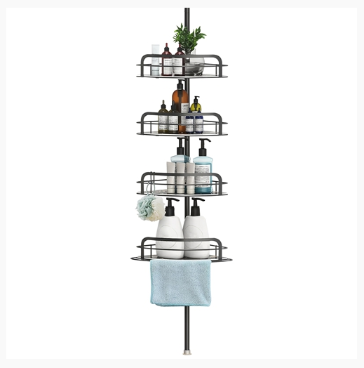 Rust-Resistant Corner Shower Caddy For Bathroom 4 Height Adjustable Shelves With Tension Pole Towel Bar Hanging Hook Floor Standing Bath Storage Rack