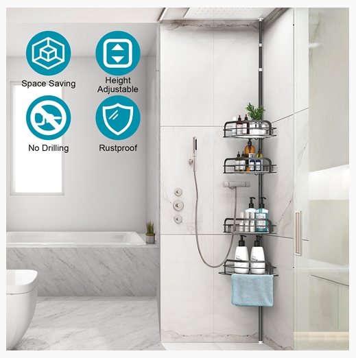 Rust-Resistant Corner Shower Caddy For Bathroom 4 Height Adjustable Shelves With Tension Pole Towel Bar Hanging Hook Floor Standing Bath Storage Rack