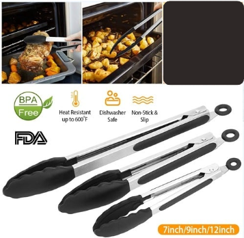 3Pcs Kitchen Tongs Stainless Steel Locking Food Tongs with Silicon Tips BPA Free Non-Stick BBQ Cooking Grilling Locking Food Tongs High Heat Resistant