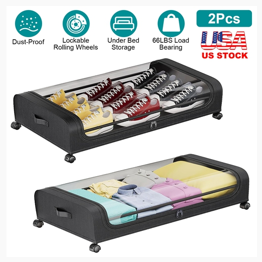 2Packs Under Bed Storage Containers Rolling Clothing Organizer 42L/11Gal Under Bed Drawers with Clear Lid 360° Lockable Rolling Wheels Strap Handles