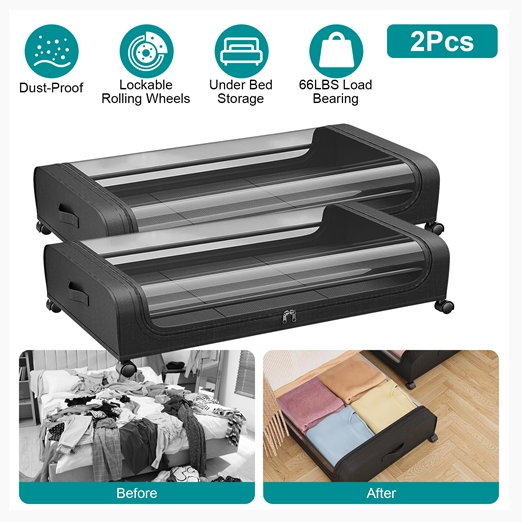 2Packs Under Bed Storage Containers Rolling Clothing Organizer 42L/11Gal Under Bed Drawers with Clear Lid 360° Lockable Rolling Wheels Strap Handles