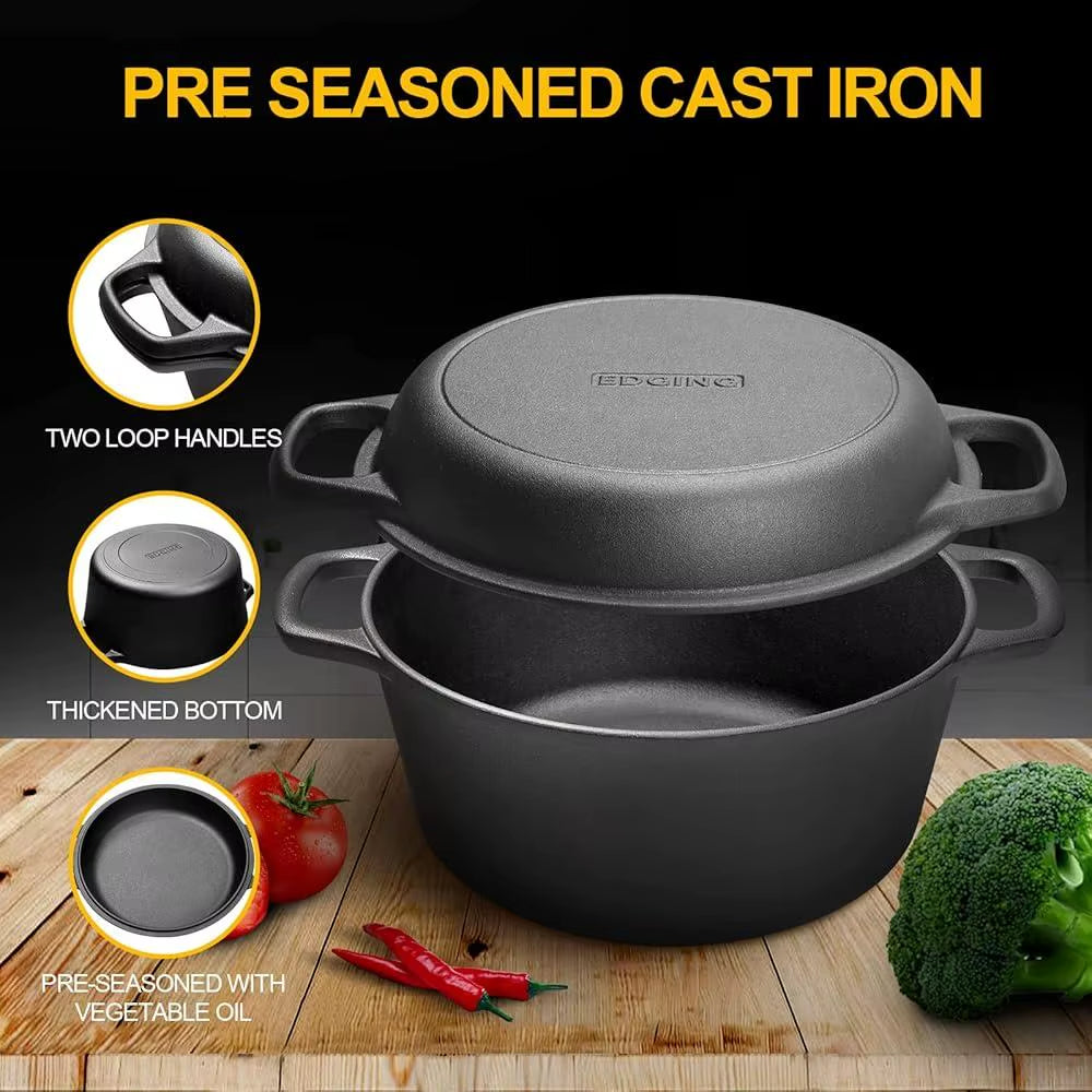 2-In-1 Pre-Seasoned Cast Iron Dutch Oven with Skillet Lid Cookware Set Cast Iron Cooking Pot with Handles