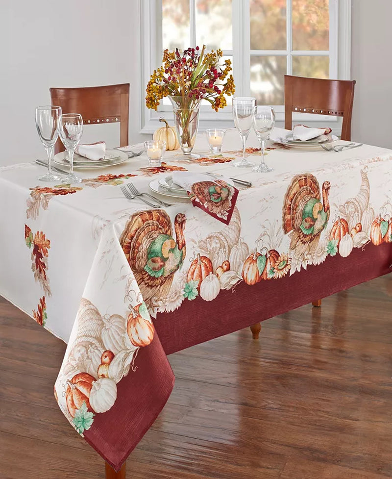 Holiday Turkey Bordered Fall Tablecloth, 60" X 120"