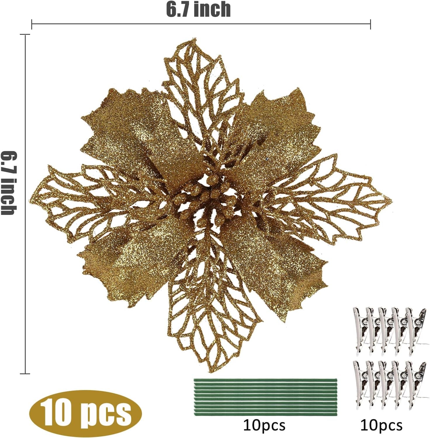 10 Pcs Christmas Glitter Poinsettia Flowers Picks Christmas Tree Ornaments 6" Wide for Xmas Tree Wreaths Garland Holiday Seasonal Wedding Decoration (Gold)