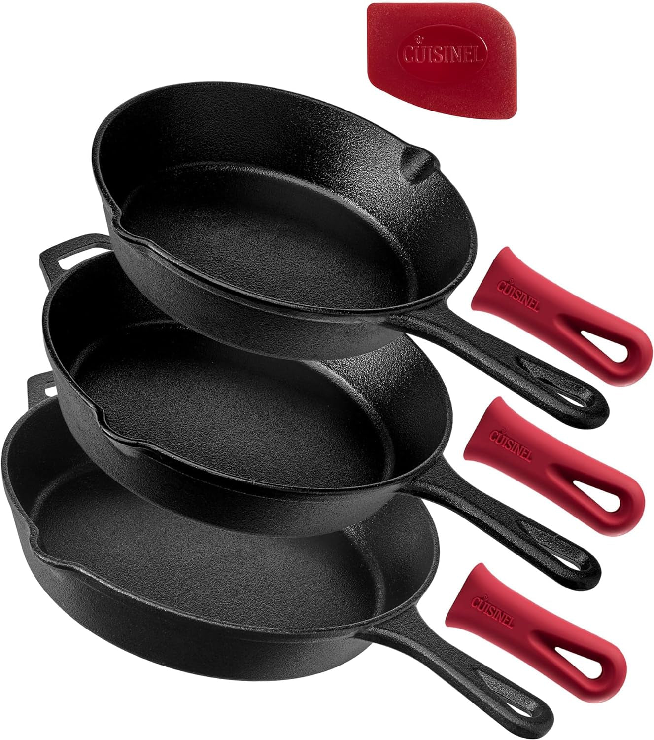 Cast Iron Skillets Set - 12" + 10" + 8"-Inch Pre-Seasoned Frying Pans + Silicone Handle Grip Covers - Use Indoor/Outdoor, Oven, Grill, Stove, BBQ, Camp Fire, Induction Kitchen Cookware
