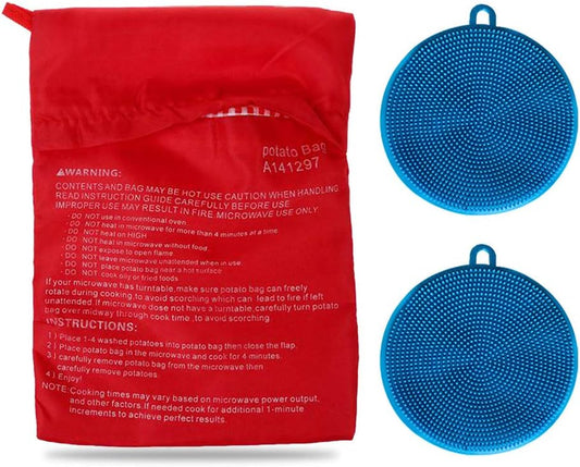 Premium Microwave Potato Bag Kit, with 2PCS Silicone Vegetable Scrubber Brush, Reusable Baked Potato Pouch and Multipurpose Silicone Dish Sponge - Perfect Dishes in Just 4 Min (Blue)