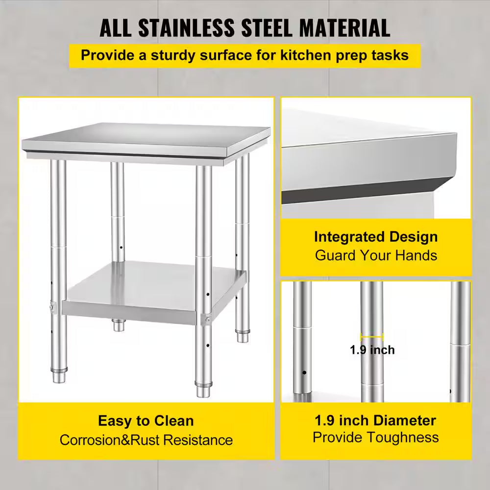 Commercial Prep Table 29.9 X 23.6 In. Stainless Steel Table with Adjustable Feet Kitchen Utility Tables for Home,Silver