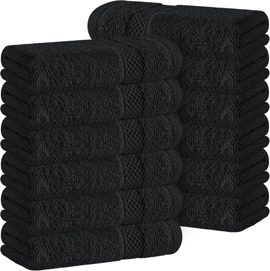 Luxury Cotton Washcloths 13X13 Inch - 650 GSM Turkish Cotton | Hotel, Spa, Bathroom Face Towel | 12 Pack, Black