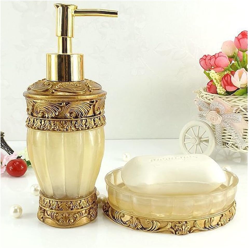 Vintage Golden Bathroom Accessories, 5Piece Bathroom Accessories Set, Bathroom Set Features, Soap Dispenser, Toothbrush Holder, Tumbler & Soap Dish - Golden Glossy - Bath Gift Set