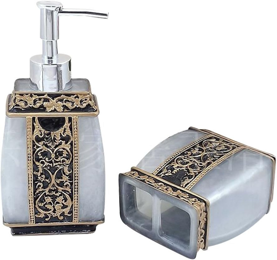 Creative Bath Ensemble, 5 Piece Bathroom Accessories Set, Collection Bath Set Features Soap Dispenser, Toothbrush Holder, Tumbler, & Soap Dish- Silver