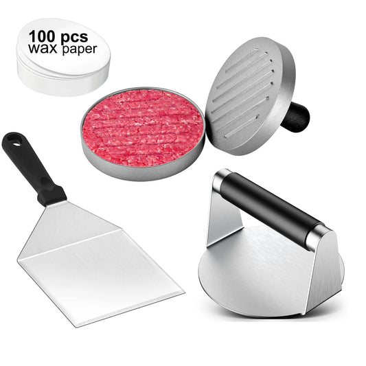 Burger Press Hamburger Patty Maker Set of 3, 4.75" round Patty Maker Mold & 5.5" Non-Stick Burger Smasher with Spatula