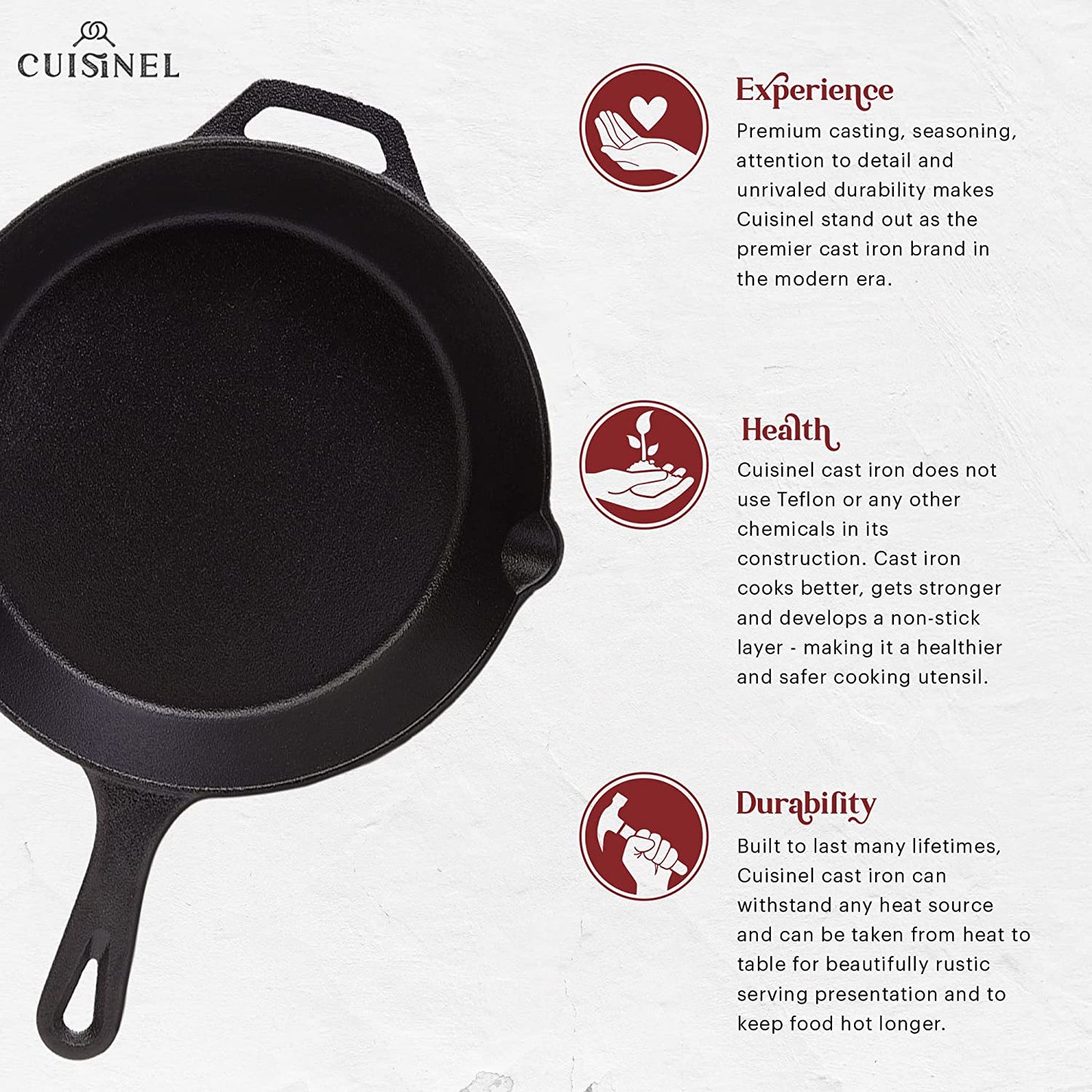 Cast Iron Skillets Set - 12" + 10" + 8"-Inch Pre-Seasoned Frying Pans + Silicone Handle Grip Covers - Use Indoor/Outdoor, Oven, Grill, Stove, BBQ, Camp Fire, Induction Kitchen Cookware
