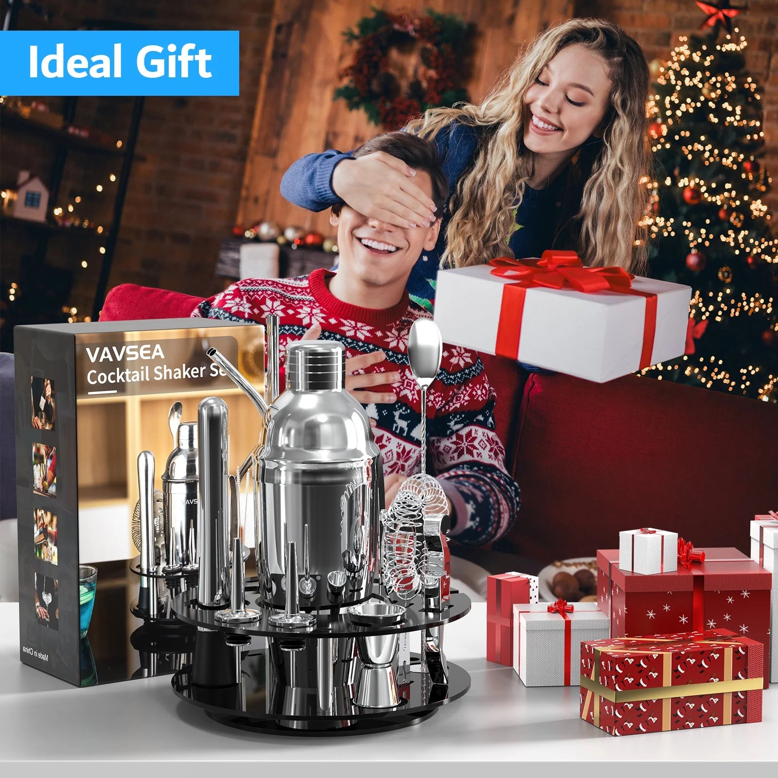 Cocktail Shaker Set with Rotatable Stand, Mixology Bartender Kit Bar Tool Set for Drink Mixing Home Lounge Party Bar Accessories with Straws & Spoon, Silver, 19Pcs