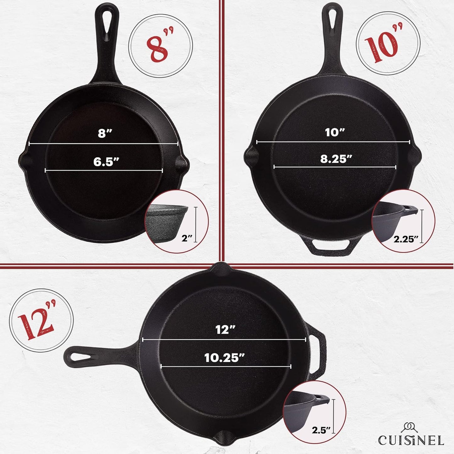 Cast Iron Skillets Set - 12" + 10" + 8"-Inch Pre-Seasoned Frying Pans + Silicone Handle Grip Covers - Use Indoor/Outdoor, Oven, Grill, Stove, BBQ, Camp Fire, Induction Kitchen Cookware