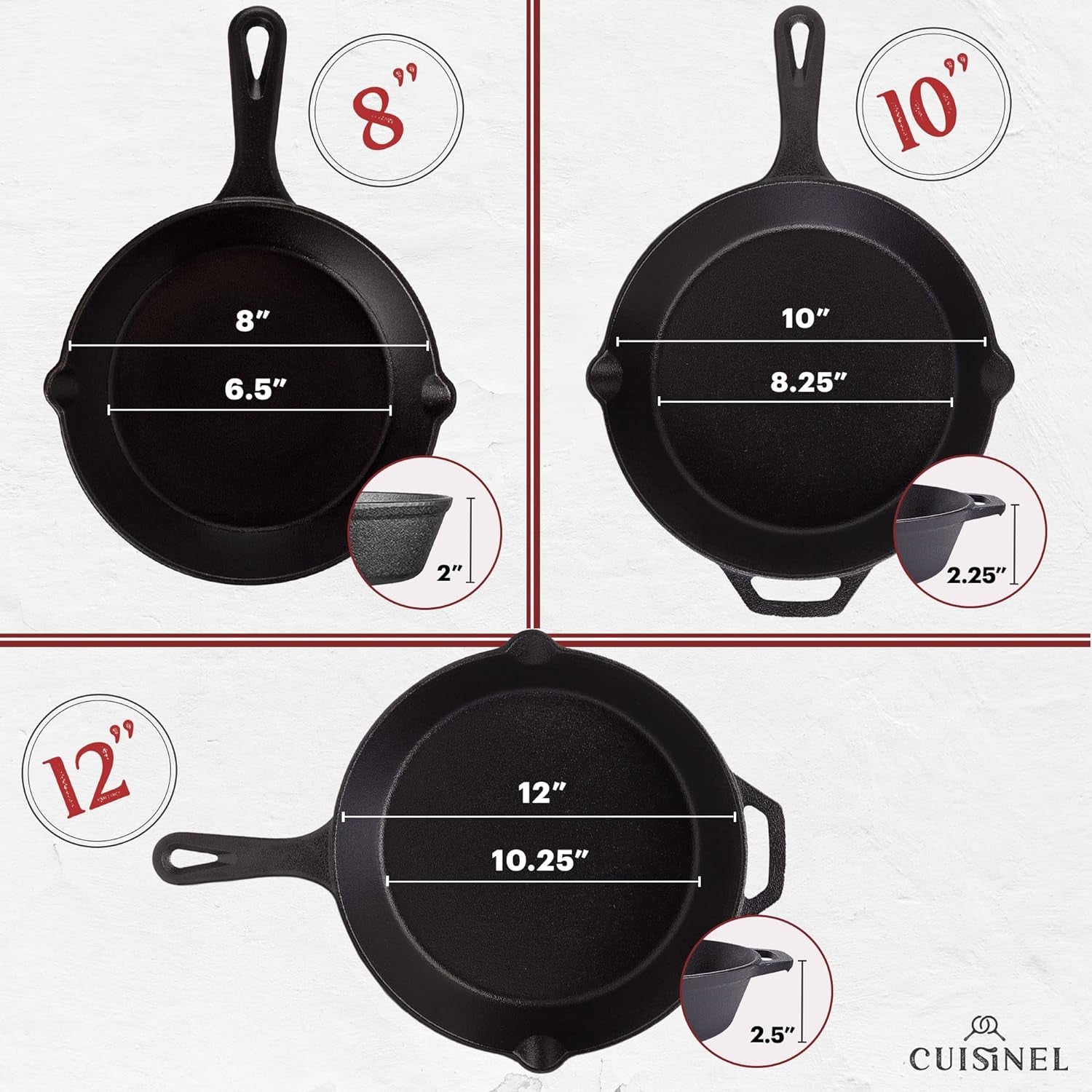 Cast Iron Skillets Set - 12" + 10" + 8"-Inch Pre-Seasoned Frying Pans + Silicone Handle Grip Covers - Use Indoor/Outdoor, Oven, Grill, Stove, BBQ, Camp Fire, Induction Kitchen Cookware