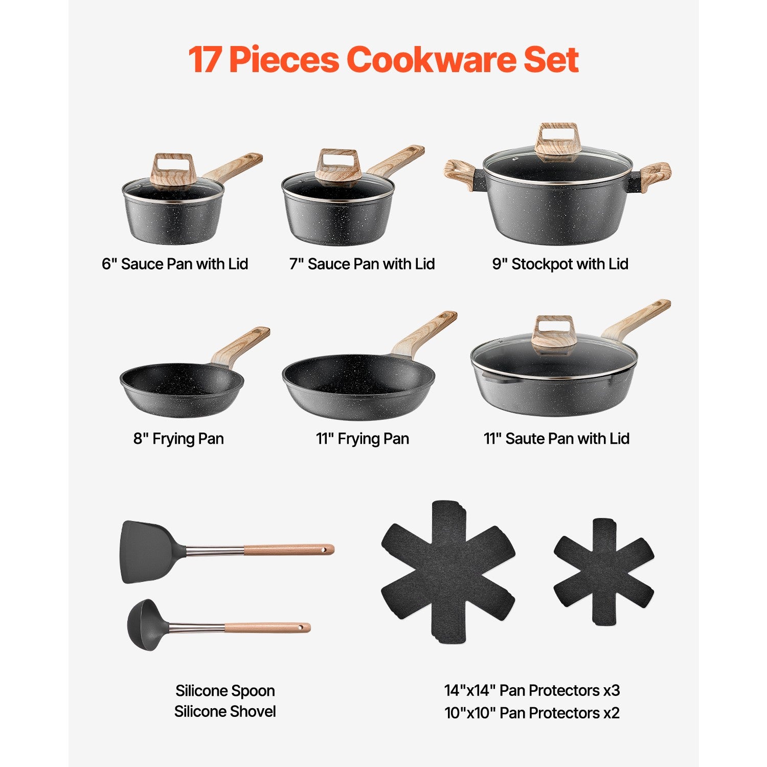 17 Pieces Kitchen Pots & Pans Set Granite Nonstick Cookware Set with Lids