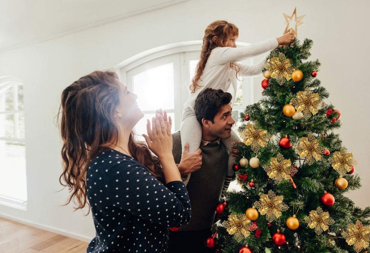 10 Pcs Christmas Glitter Poinsettia Flowers Picks Christmas Tree Ornaments 6" Wide for Xmas Tree Wreaths Garland Holiday Seasonal Wedding Decoration (Gold)