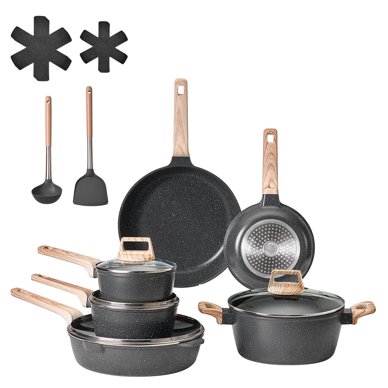 17 Pieces Kitchen Pots & Pans Set Granite Nonstick Cookware Set with Lids