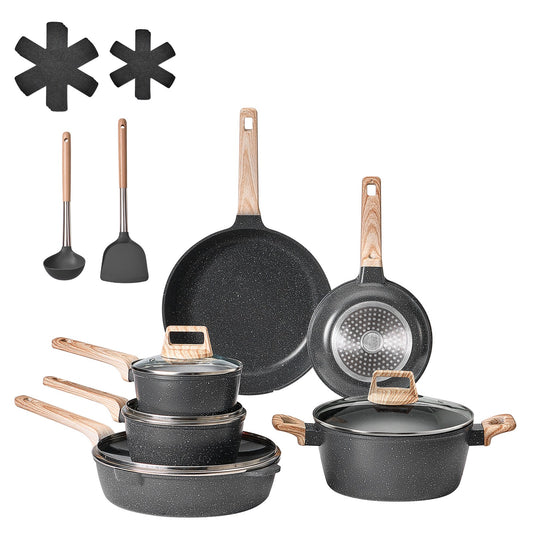 17 Pieces Kitchen Pots & Pans Set Granite Nonstick Cookware Set with Lids